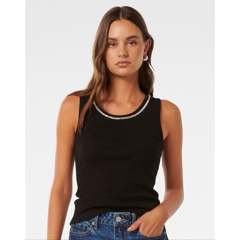 Rhinestone Neckline Tank Black
